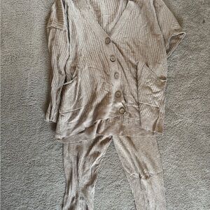 Free People Ribbed Button-Front Lounge Set in Beige